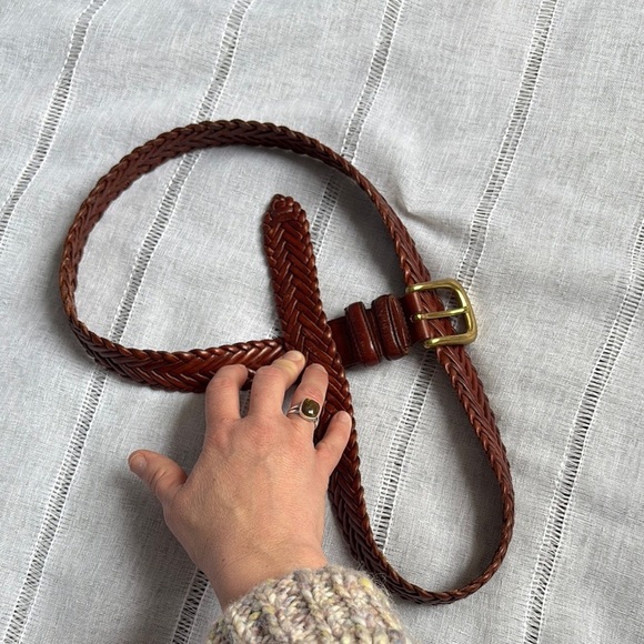 Brown Leather Braided Belt with Brass Buckle - Picture 7 of 10